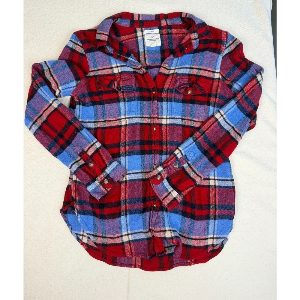 American Eagle Flannel Women's XL Red Blue Plaid Button Up Cozy Fall Preppy